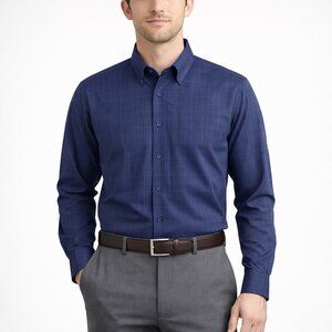 Geoffrey Beene Navy Checkered Long Sleeve Button-Up Shirt Fall Party Winter Work